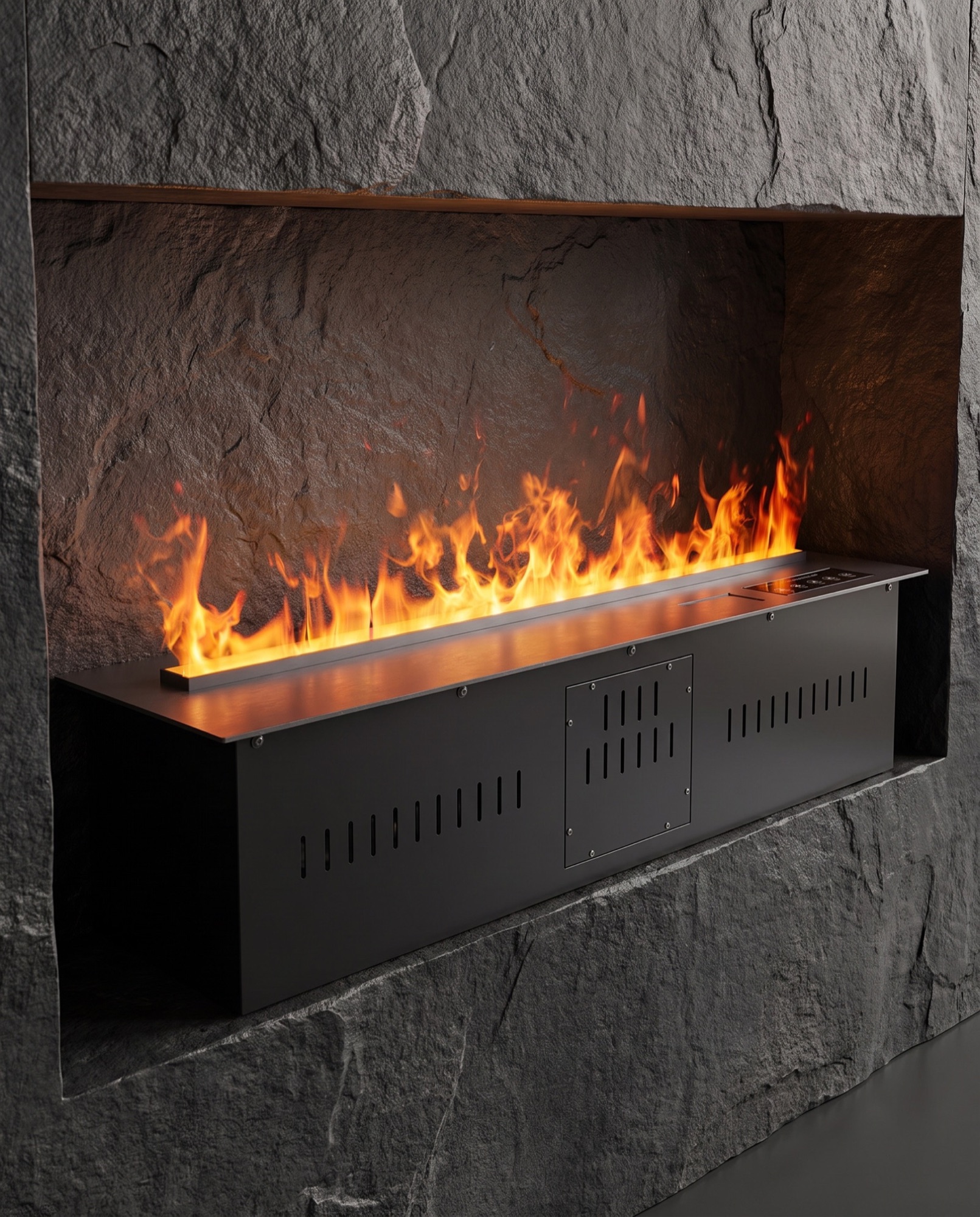 Detail view of a black water-vapor fireplace insert